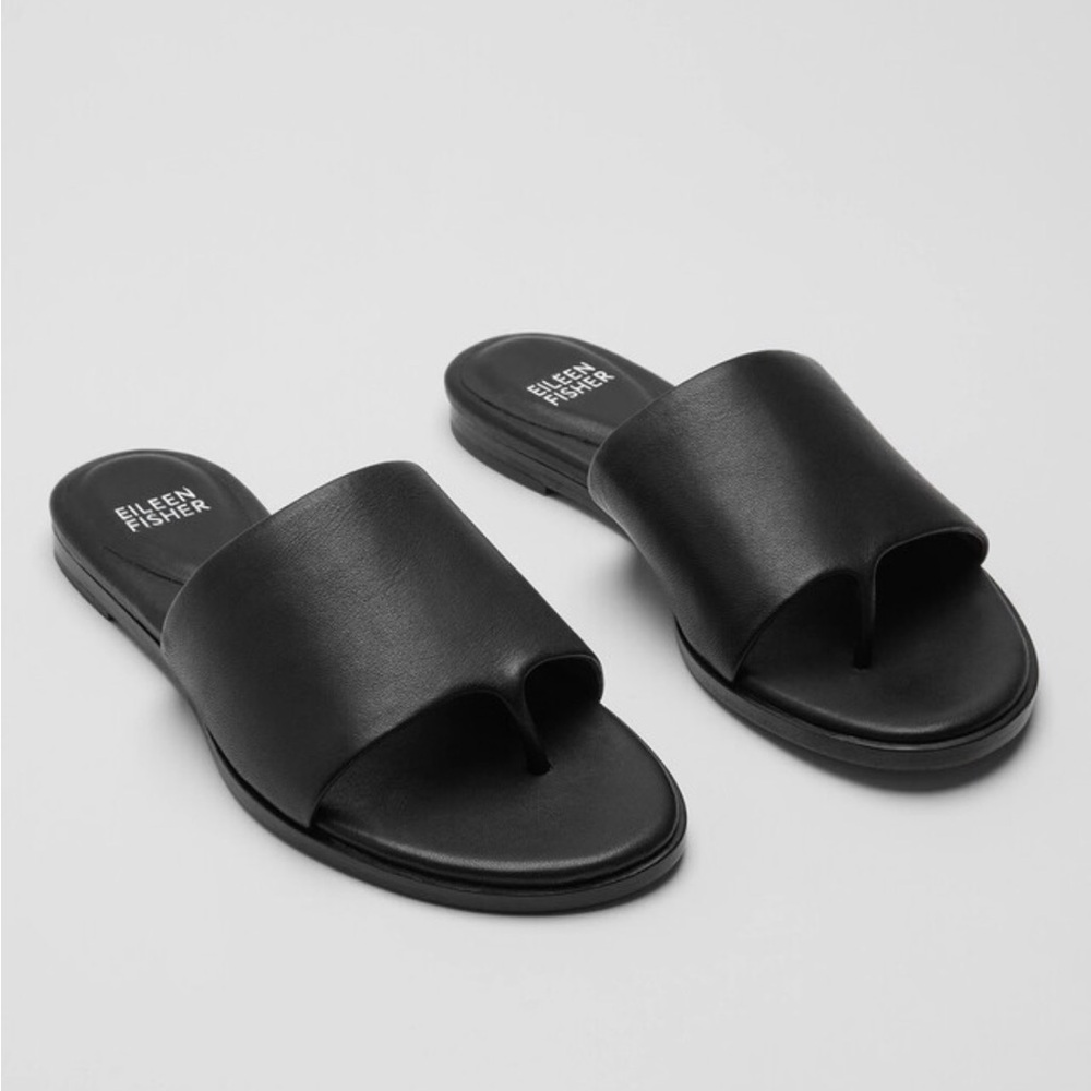 Eileen Fisher Edge Leather Slide Sandal in Black, size 8